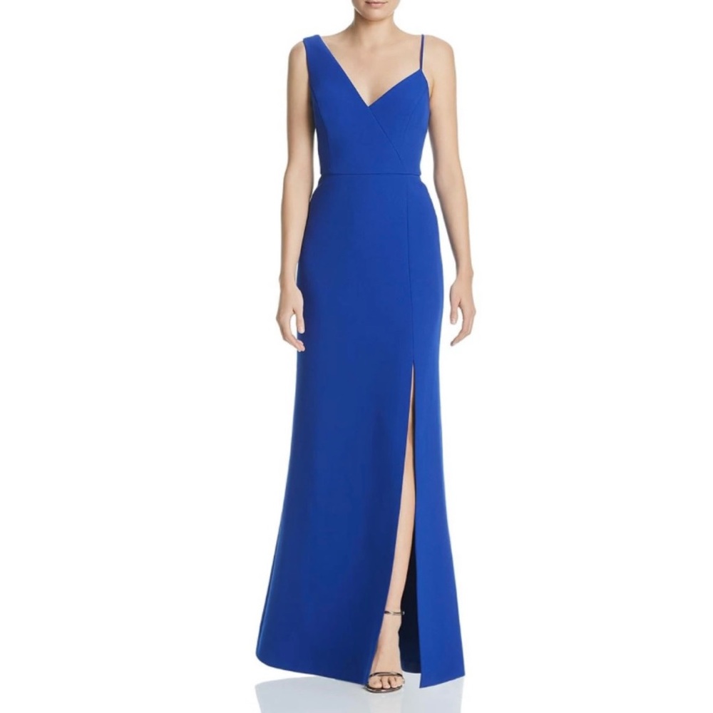 BCBG MAX AZRIA ASYMMETRICAL SIDE SLIT SLEEVELESS V-NECK COLUMN GOWN ROYAL BLUE